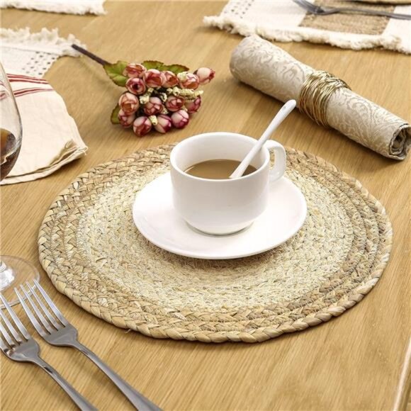 Handmade Boho Placemats Set of 6 - Natural Cotton Burlap and Water Straw Woven - Picture 6 of 7